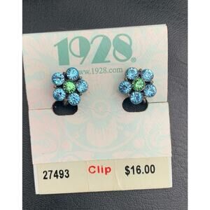 Vintage 1928 Blue And Green Flower Rhinestone Clip On Earrings